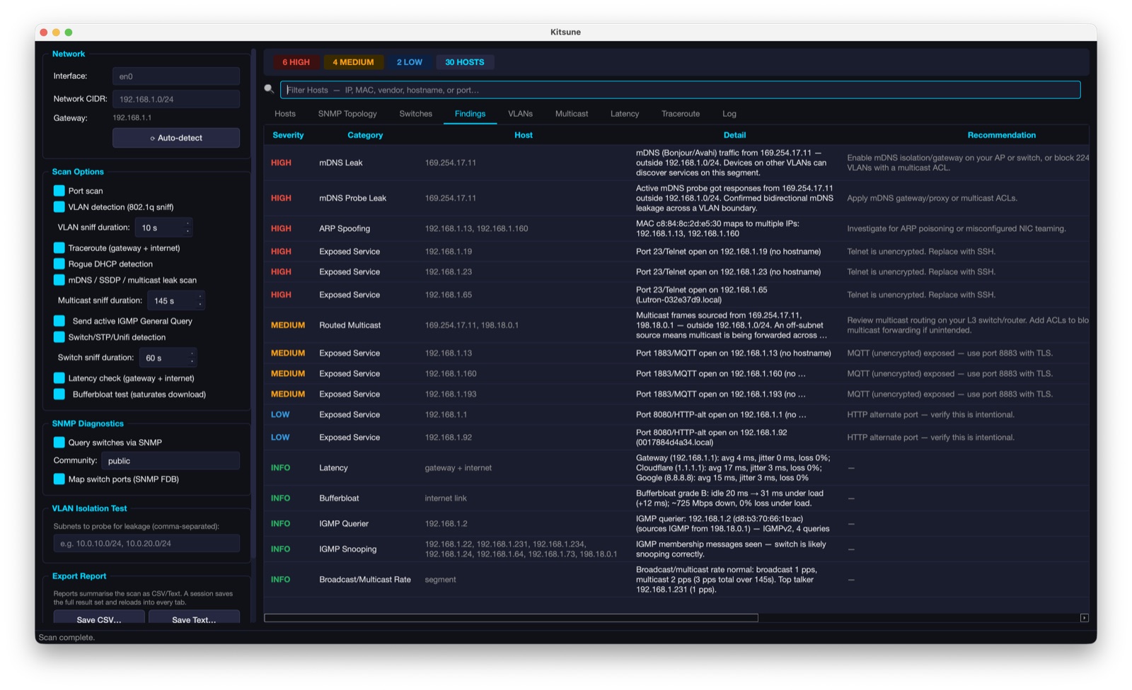 Kitsune findings view with prioritized security findings