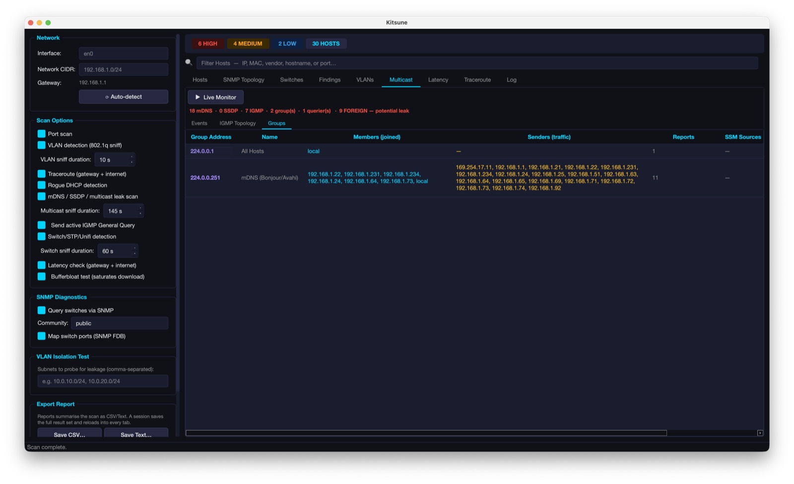 Kitsune multicast group membership and senders