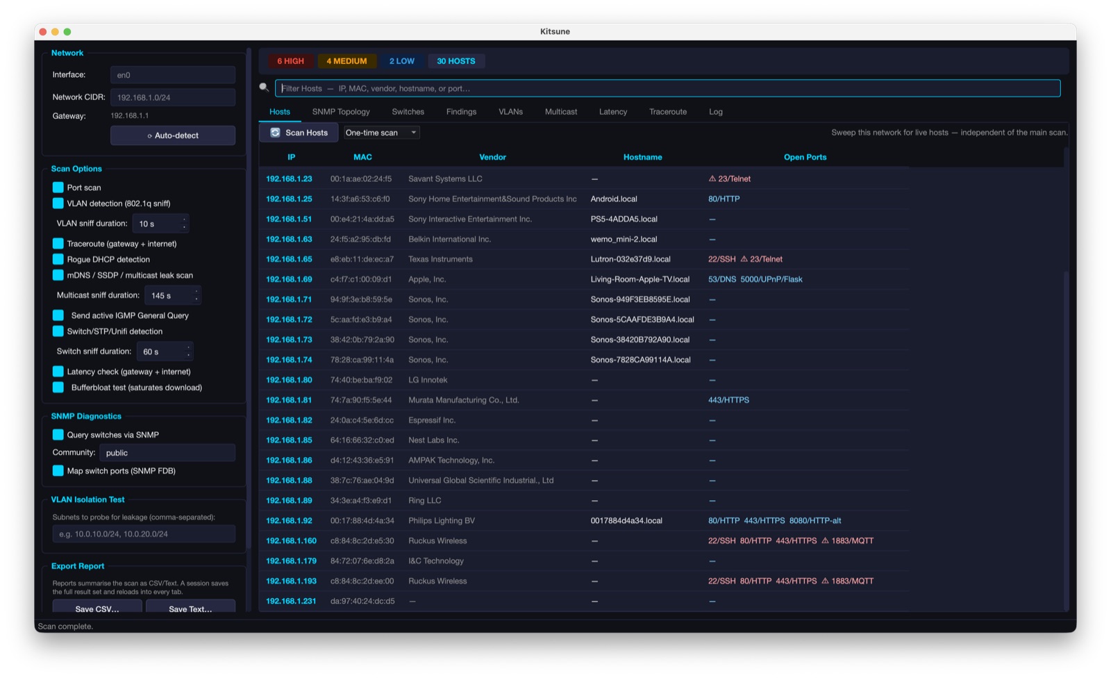 Kitsune host inventory with vendors, hostnames, and open ports