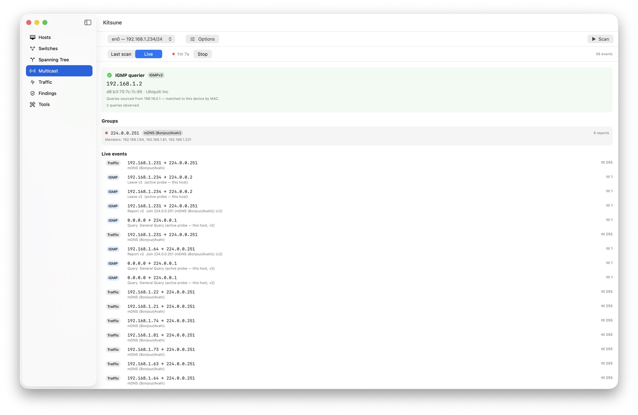 Kitsune live multicast monitor showing IGMP querier, groups and a real-time event feed