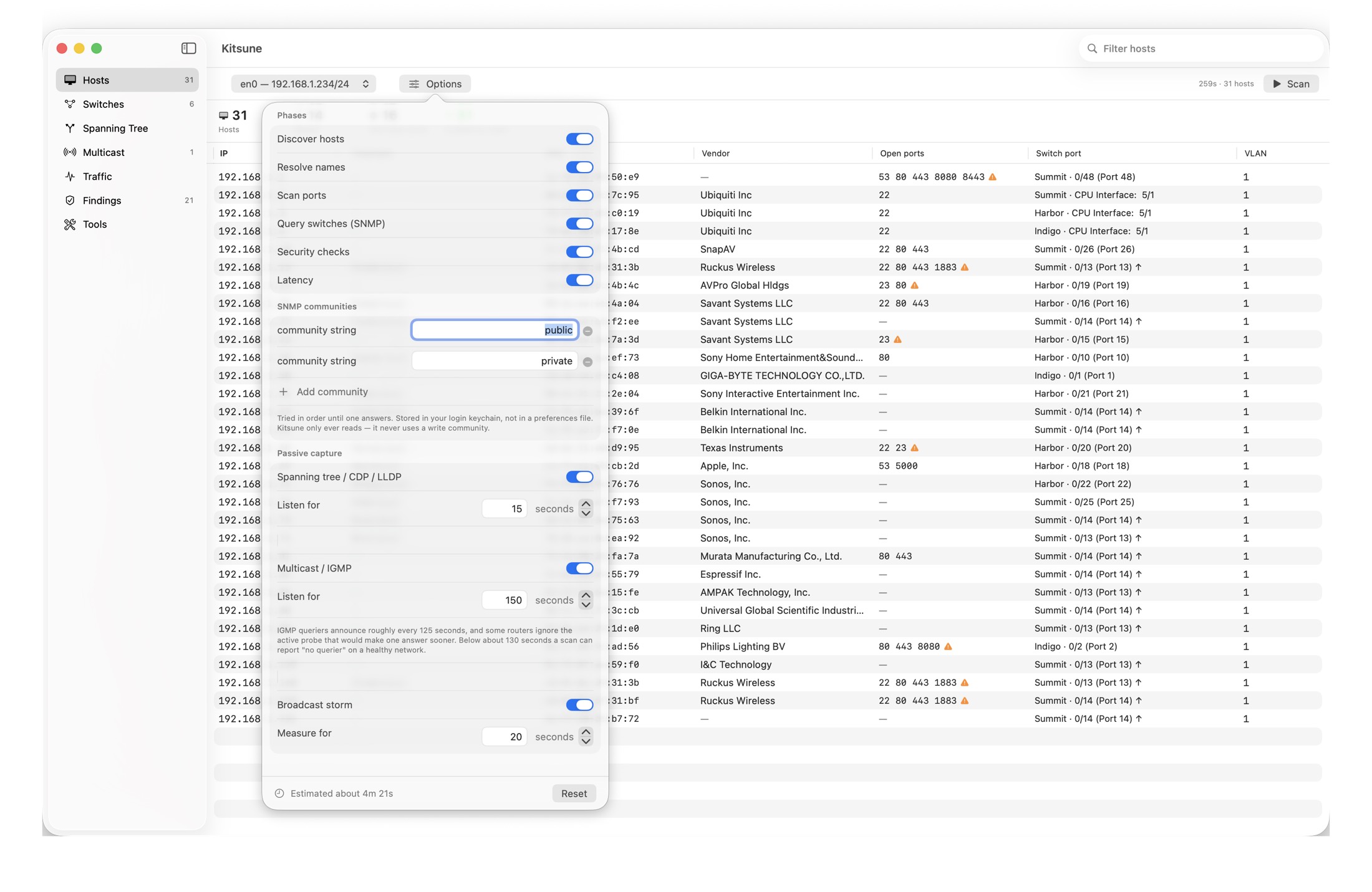 Kitsune scan options with phase toggles, SNMP communities and capture windows