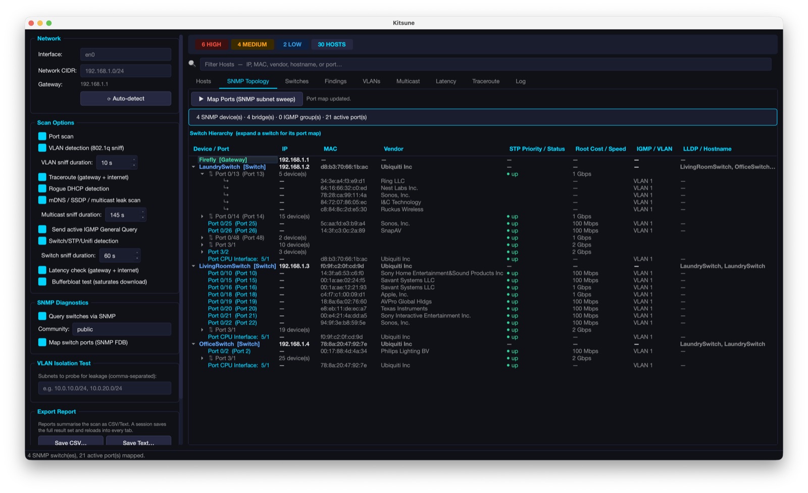 Kitsune SNMP switch topology with port maps and STP status