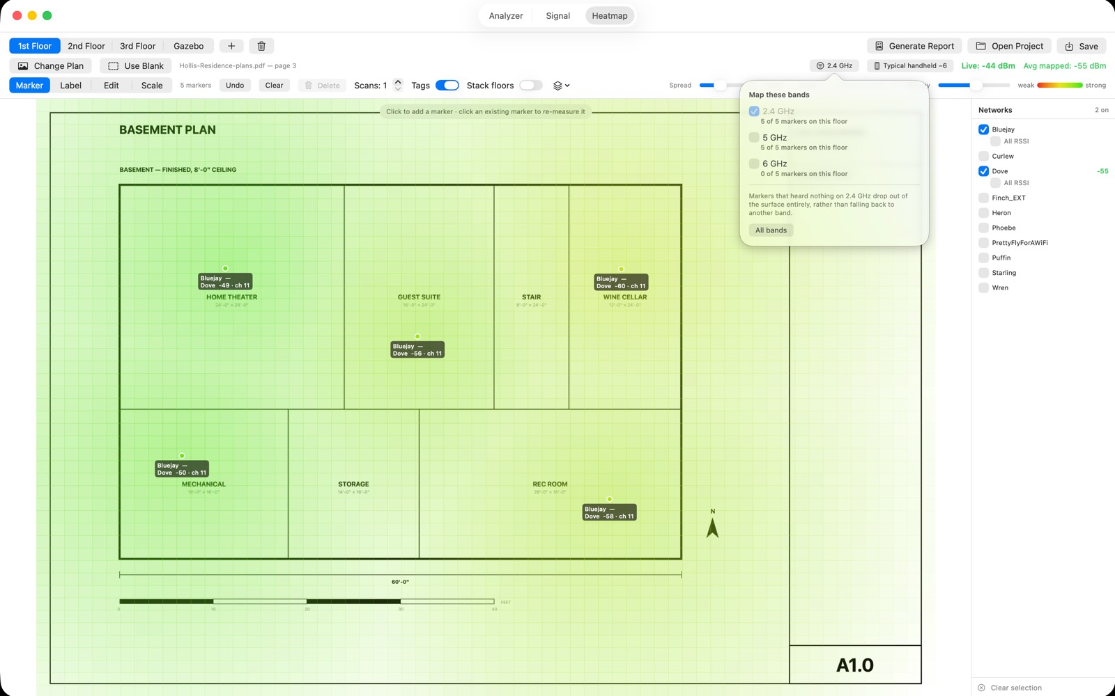 The same basement heatmap drawn from 2.4 GHz only, showing wider coverage than the 5 GHz map beside it