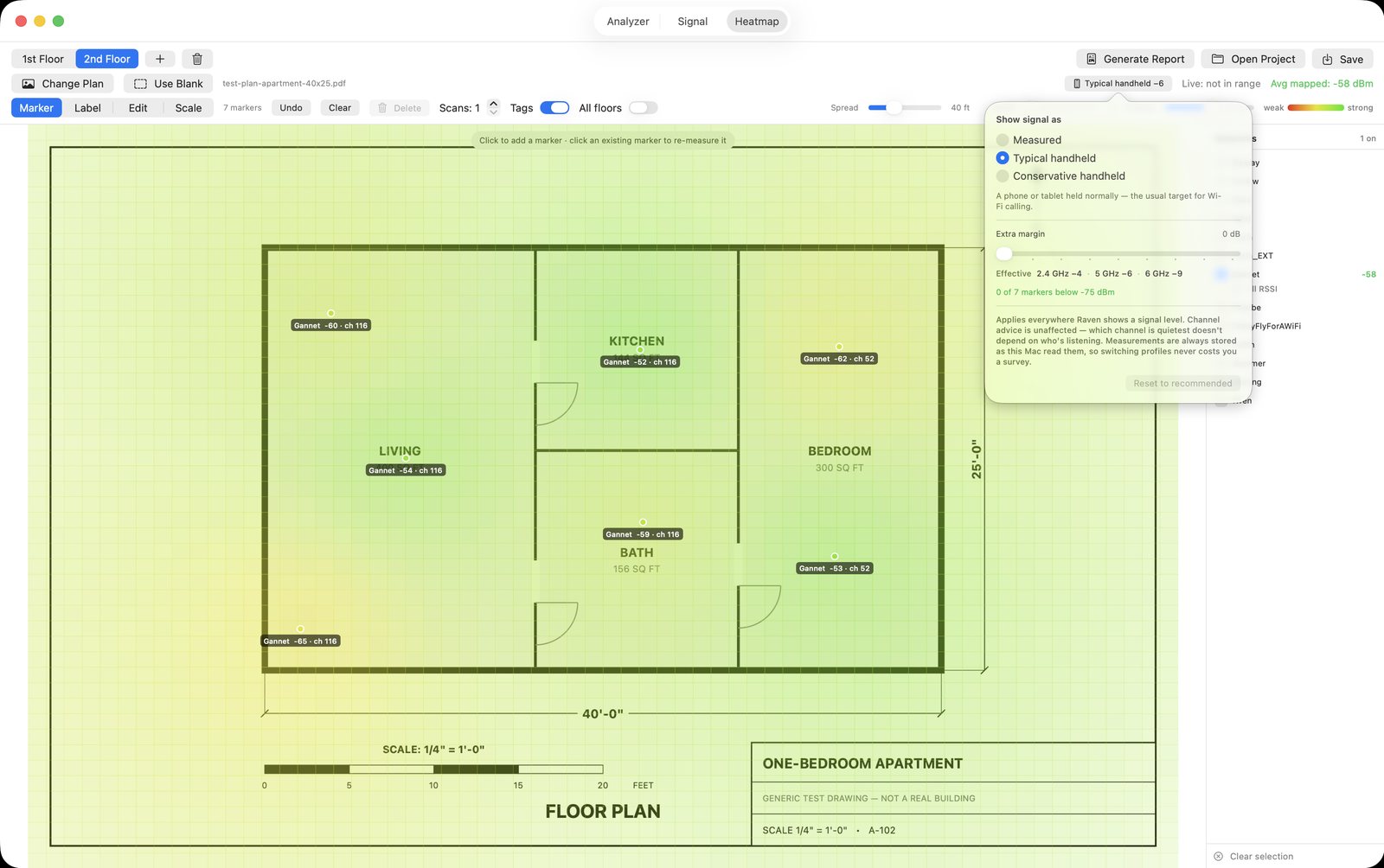 Raven apartment heatmap with the client profile popover open, showing per-band offsets of 4 dB on 2.4 GHz, 6 on 5 GHz and 9 on 6 GHz