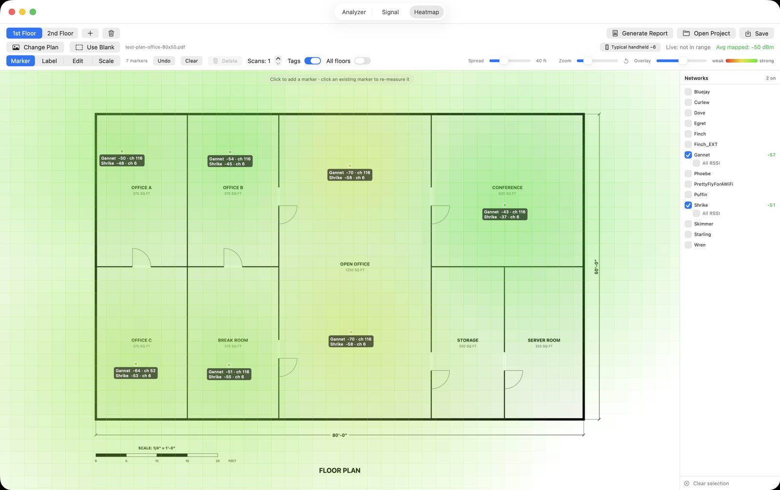 Raven coverage heatmap on an office floor plan, each marker labelled with two networks, their signal in dBm, and their channel