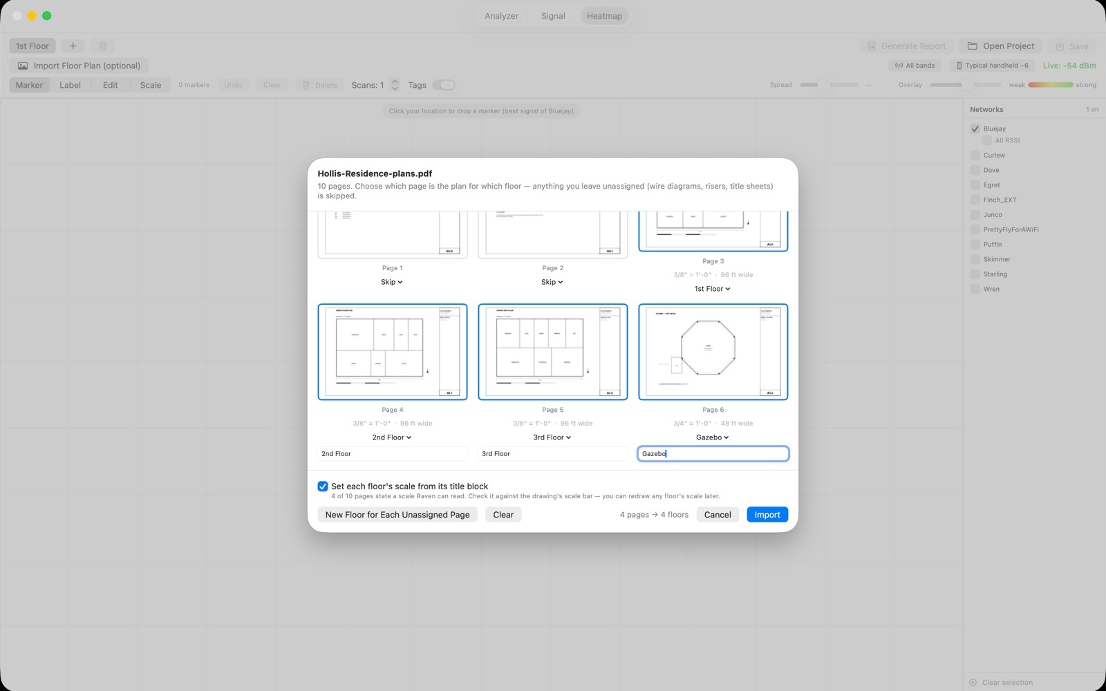 Raven page picker for a ten-sheet PDF plan set, each thumbnail captioned with the scale read from its title block and a menu assigning it to a floor